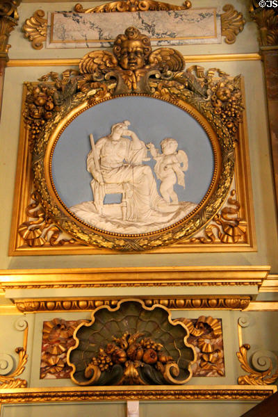 Blue & white bisque medallion with classical scene in Dining Room at The Breakers. Newport, RI.