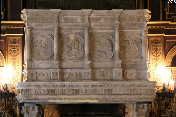 Stone fireplace (16thC) from Chateau d'Arnay le Duc of Burgundy, France in Library at The Breakers. Newport, RI.