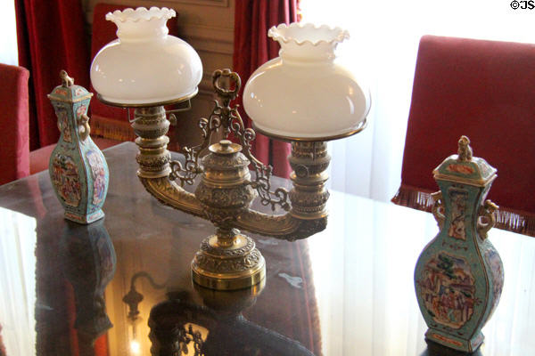 Double oil lamp & oriental jars in Mr. Vanderbilt's Bedroom at The Breakers. Newport, RI.