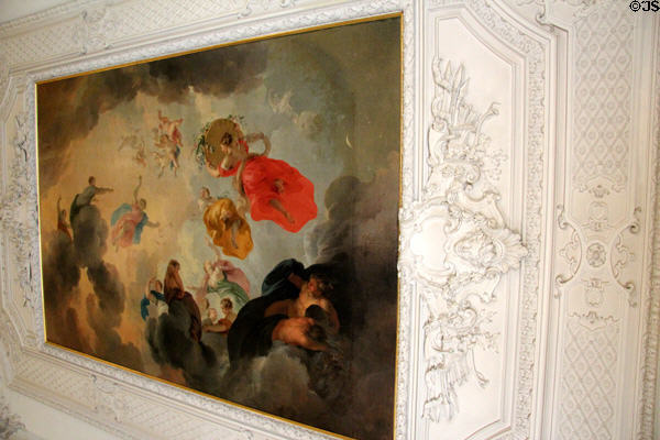 Drawing Room ceiling painting depicts Boreas, god of north wind, being driven from sky by Spring Zephyrs (18thC) attrib. to Jacob de Witt at The Elms. Newport, RI.