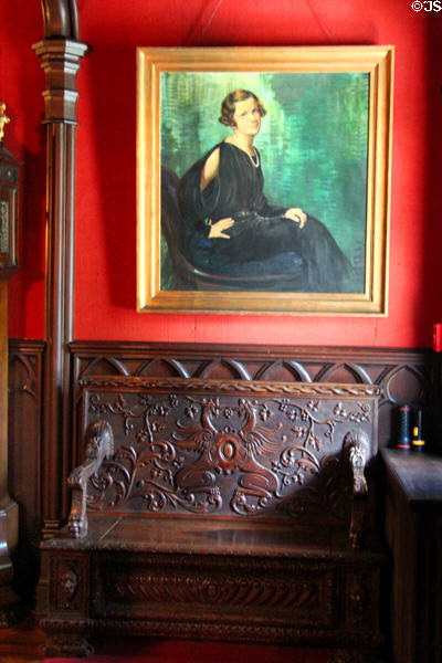 Foyer portrait over carved bench at Kingscote. Newport, RI.