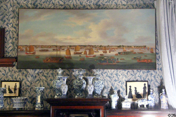 Canton harbor view with Chinese ships painting (c1848-50) attrib. to Yeuqua in Library at Kingscote. Newport, RI.