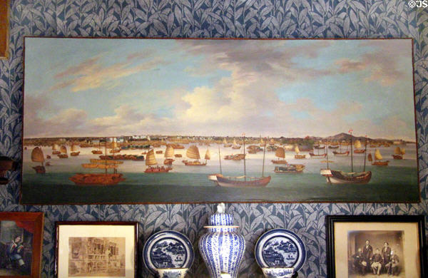 Canton harbor view with Chinese ships painting (c1848-50) attrib. to Yeuqua in Library at Kingscote. Newport, RI.