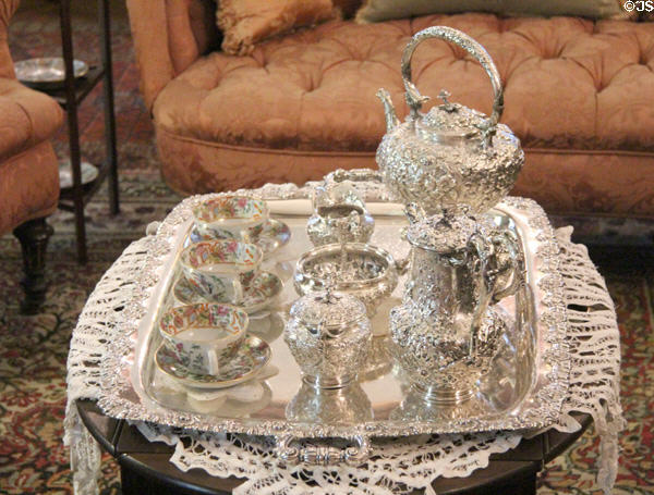 Silver coffee service in South Parlor/Sitting Room at Kingscote. Newport, RI.