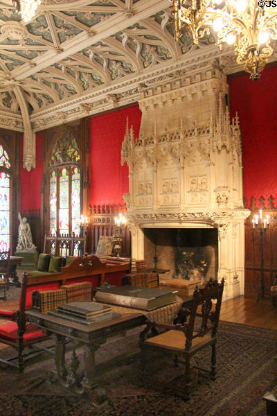Gothic Room with carved fireplace, stained glass & ceiling at Marble House. Newport, RI.