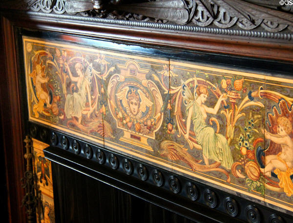 Library fireplace painted tiles by Minton at Chateau-sur-Mer. Newport, RI.