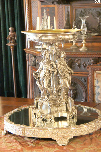 Dining room silver centerpiece at Chateau-sur-Mer. Newport, RI.