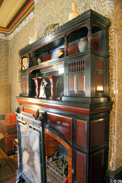 Bedroom fireplace with display case mantle at Chateau-sur-Mer. Newport, RI.