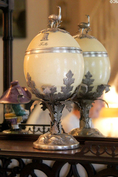 Ostrich egg box mounted in silver stand with mini Ostrich on top at Chepstow. Newport, RI.