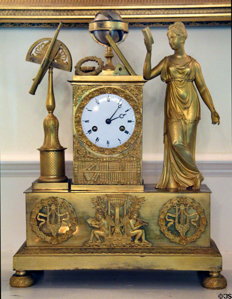 French mantel clock with symbols of arts & science (early 19thC) at Chepstow. Newport, RI.
