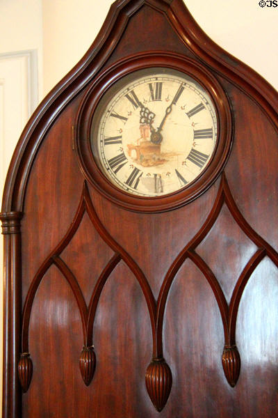 English Gothic tall case clock details at Chepstow. Newport, RI.