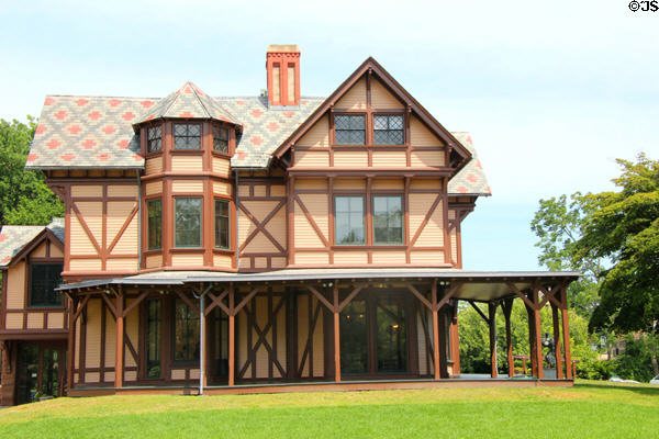 Stick-style verandah of Griswald House of Newport Art Museum. Newport, RI.