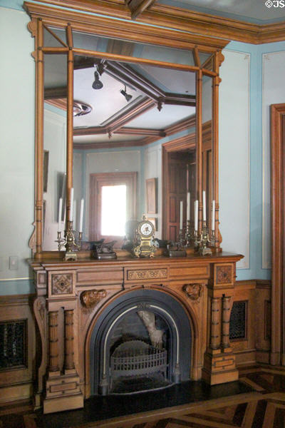 Stick-style wooden fireplace at Newport Art Museum. Newport, RI.