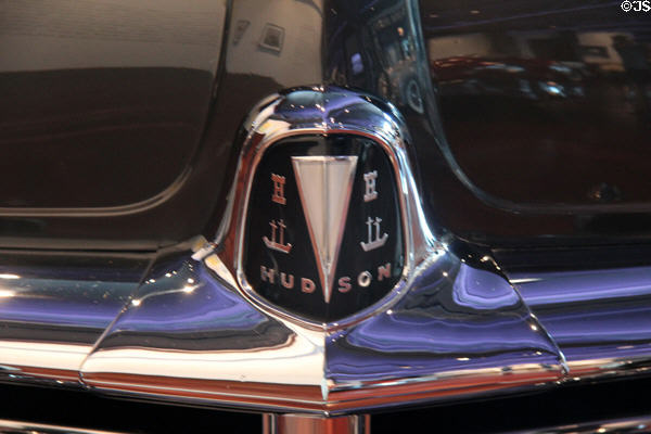 Trademark plaque on hood or Hudson Commodore Sedan (1948) at Audrain Automobile Museum. Newport, RI.