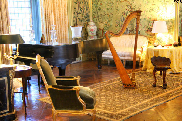 Music Room piano & harp at Rough Point. Newport, RI.
