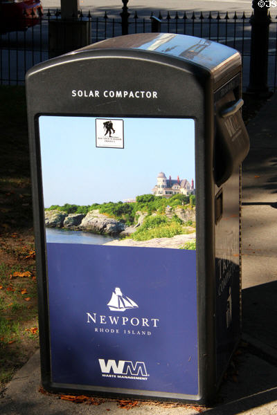 Solar trash compactor in Washington Square. Newport, RI.