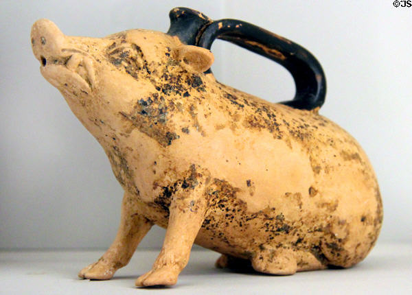 Greek terracotta oil container in form of boar (late 4th- early 3rd C BCE) from Apulia, Southern Italy at RISD Museum. Providence, RI.