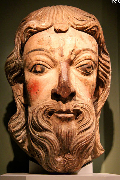 Carved wooden head of Christ or saint (c1220-40) from Spain at RISD Museum. Providence, RI.