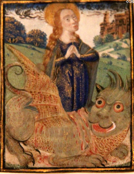 St Margaret & Dragon tempera painting (lat 15th-early 16thC) by unknown of Netherlands at RISD Museum. Providence, RI.