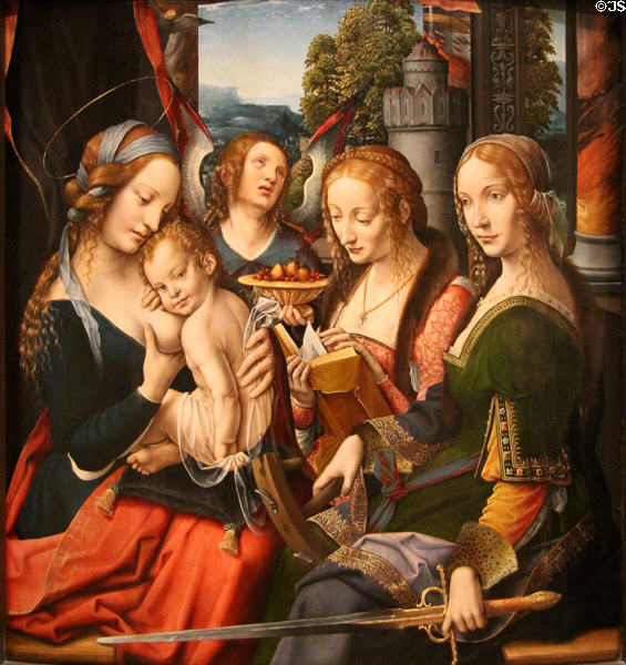 Madonna & Child with St Barbara & St Catherine painting (c1525) by unknown of Netherlands at RISD Museum. Providence, RI.