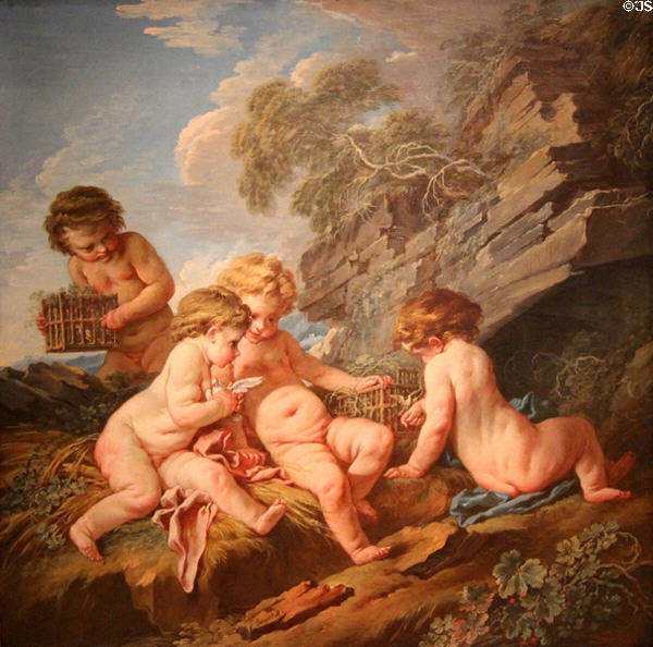 Putti with Birds painting (1732-3) by François Boucher of France at RISD Museum. Providence, RI.