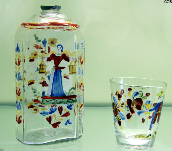 Enameled glass bottle & drinking glass (1770-1800) from Pennsylvania or Europe at RISD Museum. Providence, RI.