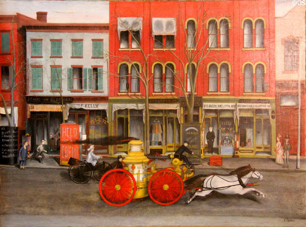 Fire engine on Broad St., Elizabeth, NJ painting (c1889) by Ernest Opper at RISD Museum. Providence, RI.