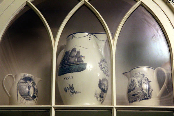 Liverpool earthenware pitchers (c1800) transfer-printed with "Charlotte Weeping at Werther's Tomb"; Caleb Wilber ship; & Hope symbols at RISD Museum. Providence, RI.
