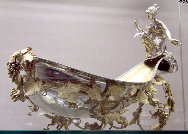 Silver fruit bowl with kneeling woman & grape vines (1871) by Gorham Manuf. Co. of Providence, RI at RISD Museum. Providence, RI.