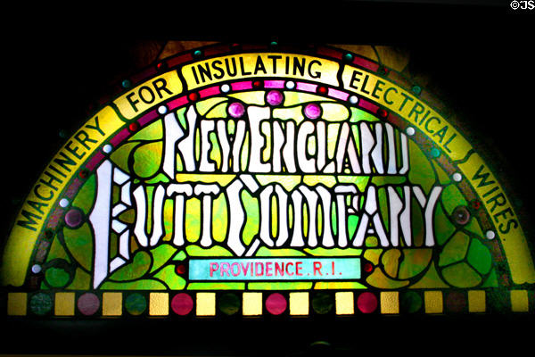Stained glass advertising salvaged from New England Butt Co, Providence, RI. Pawtucket, RI.