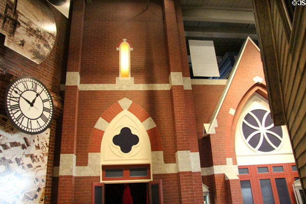 Representative church facade explores religious aspects of labor migration at Museum of Work & Culture. Woonsocket, RI.