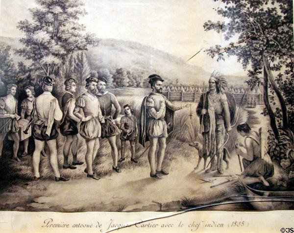 Graphic (1901) of first meeting of Jacques Cartier with an Indian chief in 1535 at Museum of Work & Culture. Woonsocket, RI.