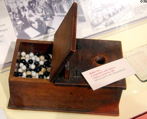 Ballot box of Carpenters & Joiners Union uses black & white balls for votes at Museum of Work & Culture. Woonsocket, RI.