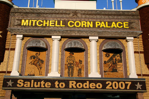 Rodeo murals made of corn cobs at Mitchell Corn Palace. Mitchell, SD.
