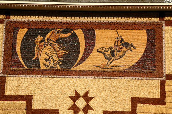 Bucking bronco murals made of corn cobs at Mitchell Corn Palace. Mitchell, SD.