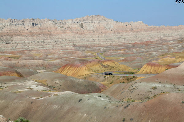 Road through colored hills of Badlands National Park. SD.