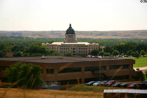 South Dakota State Capitol seen from hills above. Pierre, SD.