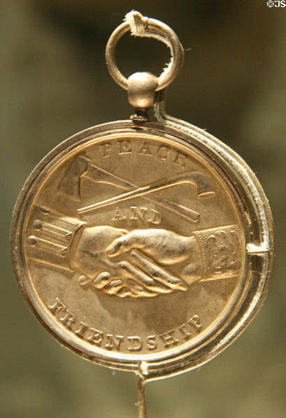 Peace & Friendship side of Jefferson Peace Medal (1801) given to natives by early American explorers at South Dakota State Historical Society Museum. Pierre, SD.