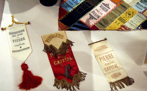 Campaign ribbons to promote Pierre as state capital at South Dakota State Historical Society Museum. Pierre, SD.
