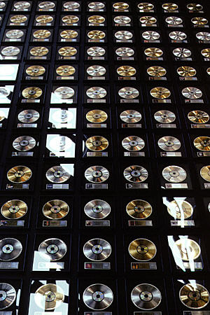 Wall of gold records at Country Music Hall of Fame. Nashville, TN.