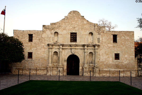 The Alamo (1724 then 1750s) scene of rebellion of 1836 (formerly Mission San Antonio de Valero). San Antonio, TX. On National Register.