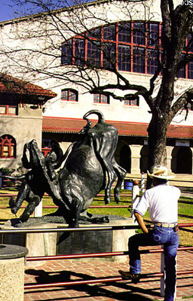 Statue of cowboy wrestling a steer in front of Cowtown Coliseum. Fort Worth, TX.