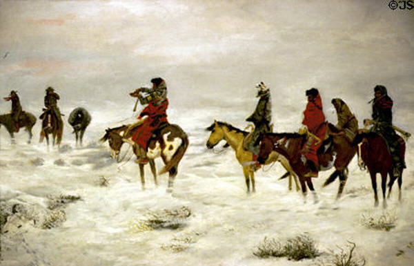 Lost in a Snowstorm We are Friends (1888) painted by Charles M. Russell at Amon Carter Museum. Fort Worth, TX.
