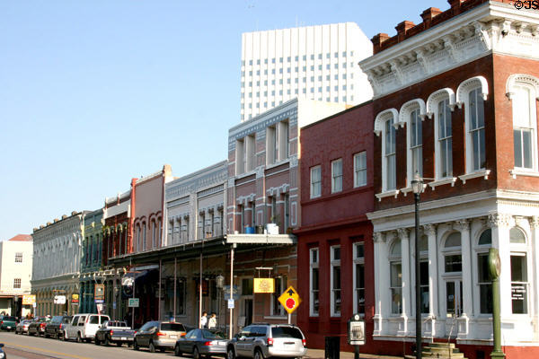 Heritage stores on The Strand seen from Kempner. Galveston, TX.