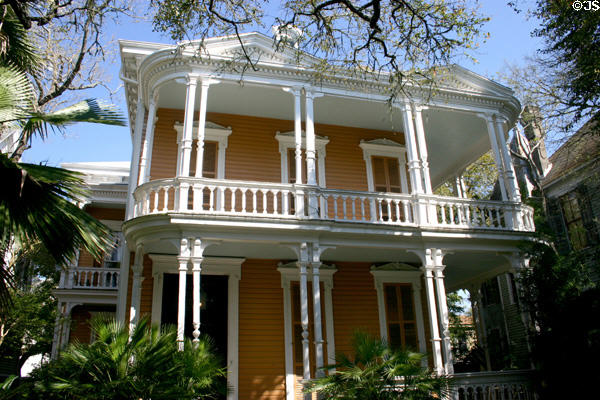 Jens Moller house (1897) (1814 Sealy) with thin double columns supporting porches. Galveston, TX. Architect: George B. Stowe.