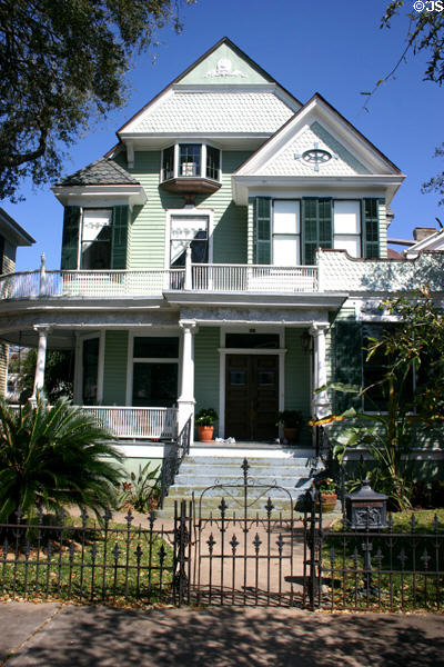 Skinner house (1895) (1318 Sealy) with lacework surfaces & original iron fence. Galveston, TX. Style: Queen Anne.