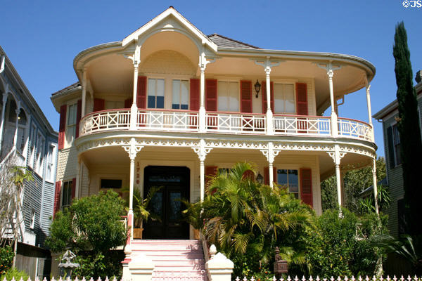 Pink house with rounded verandas (1720 Postoffice). Galveston, TX.