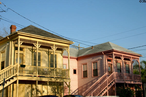 Yellow & pink elevated houses (610 14th St.). Galveston, TX.