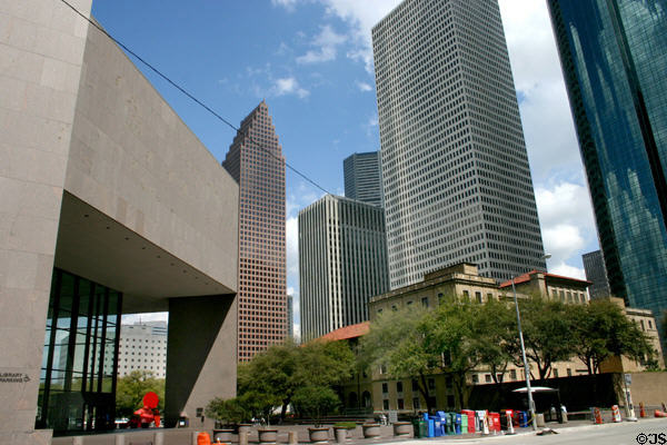 New & old public libraries with Bank of America Center, Lanier Public Works, One Shell Plaza & Wells Fargo Plaza. Houston, TX.