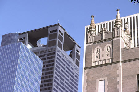 Centerpoint Energy Plaza pillars mimic tower of First United Methodist Church. Houston, TX.